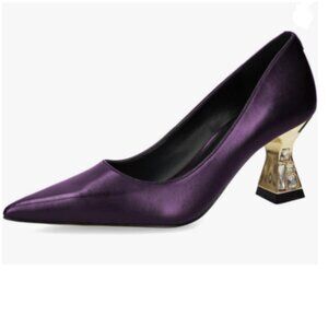 FYS Purple Pointed Toe Slip on Pumps Gold Block Mid Heels Office Formal Shoes